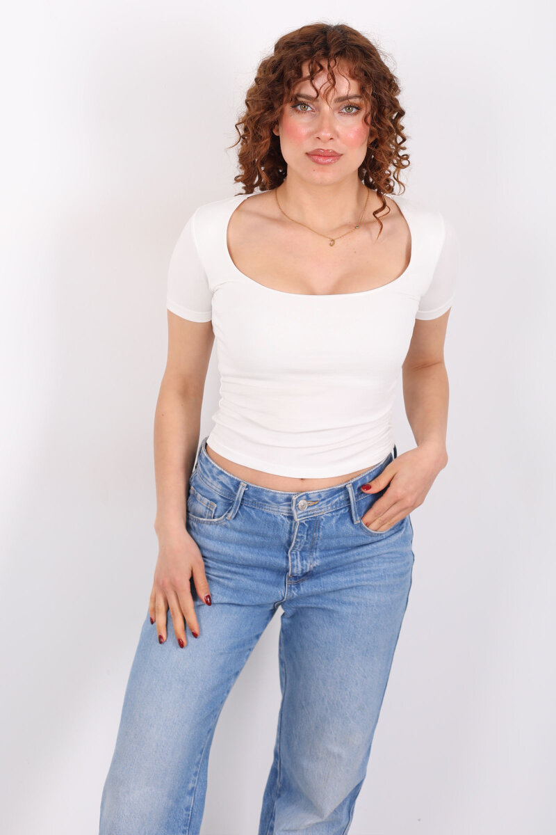 Kare Yaka Kısa Kol Ekru Kadın Basic Body - 3