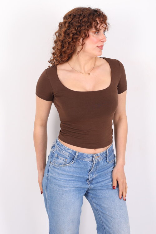 Kare Yaka Kısa Kol Kahverengi Kadın Basic Body - 3