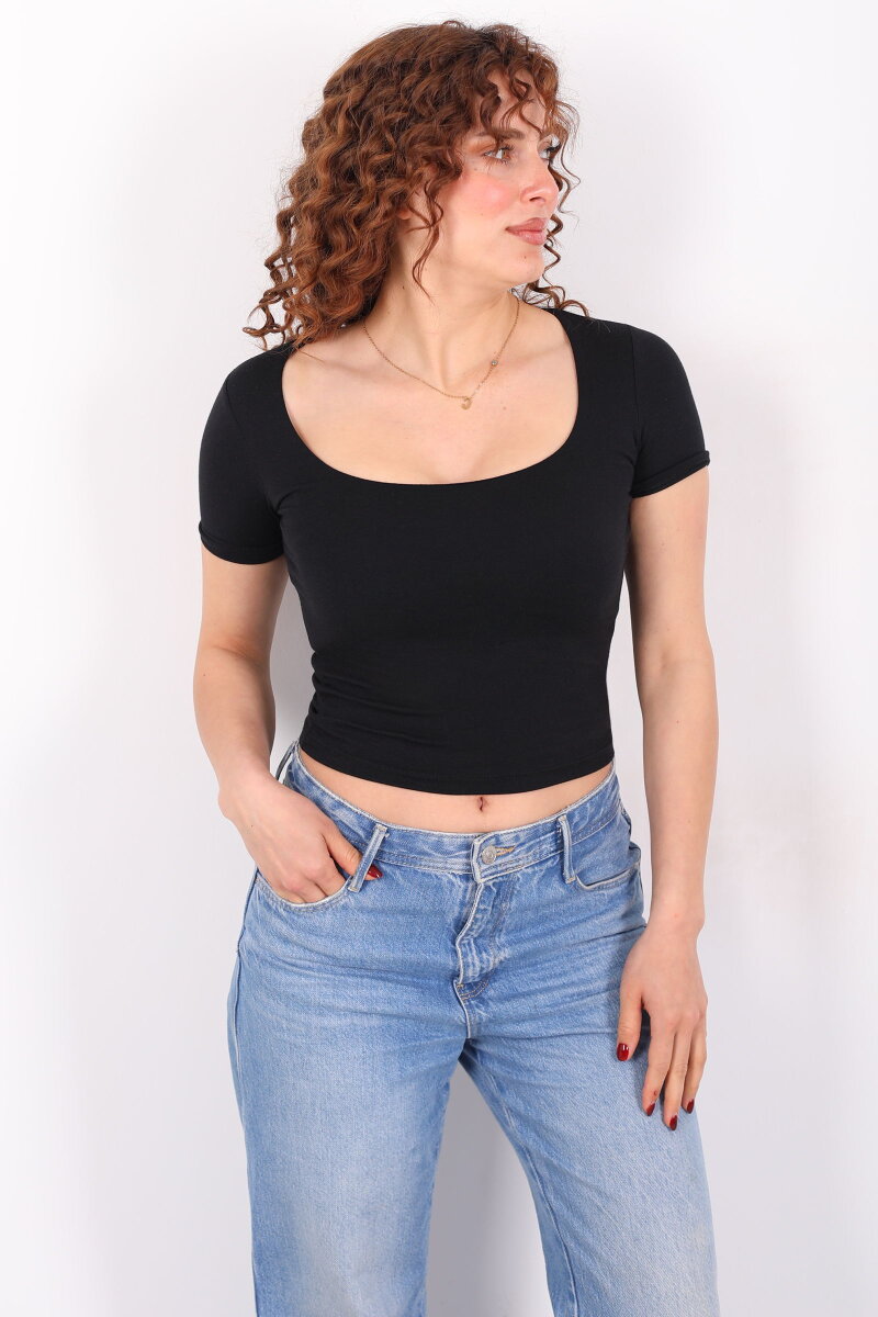 Kare Yaka Kısa Kol Siyah Kadın Basic Body - 1