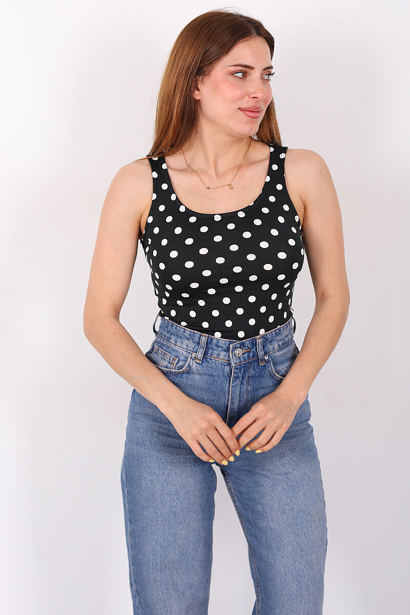 Kare Yaka Kolsuz Kadın Siyah Puantiyeli Body - 1