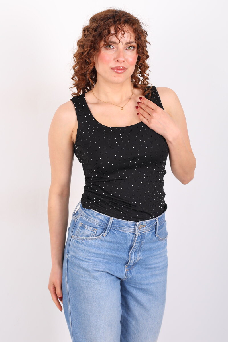 Kare Yaka Kolsuz Taşlı Siyah Kadın Body - 1
