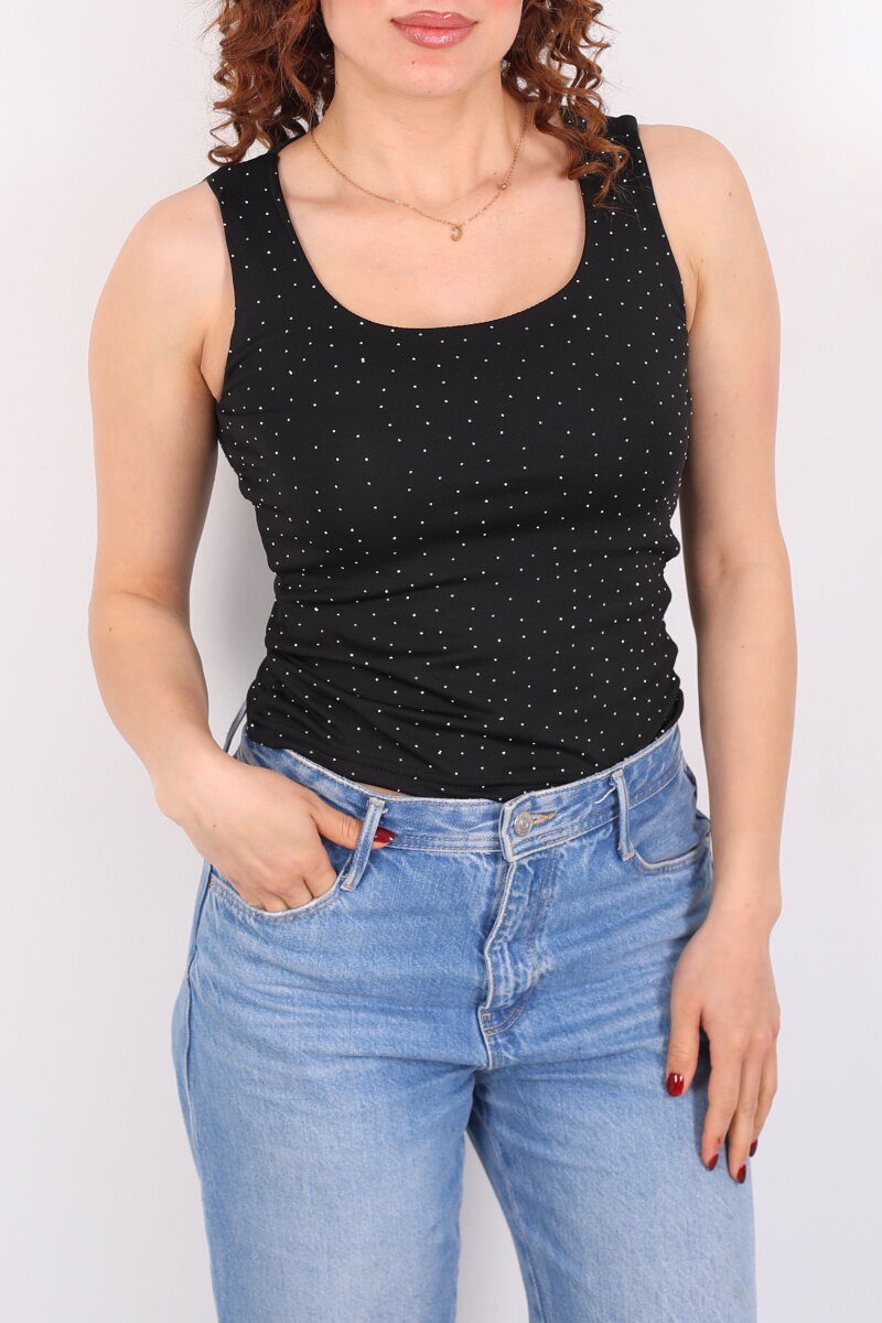 Kare Yaka Kolsuz Taşlı Siyah Kadın Body - 2