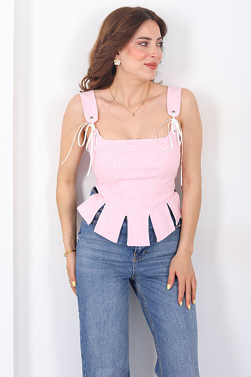 Kare Yaka Omuzdan Bağlamalı Kadın Pembe Korse Bluz - 4