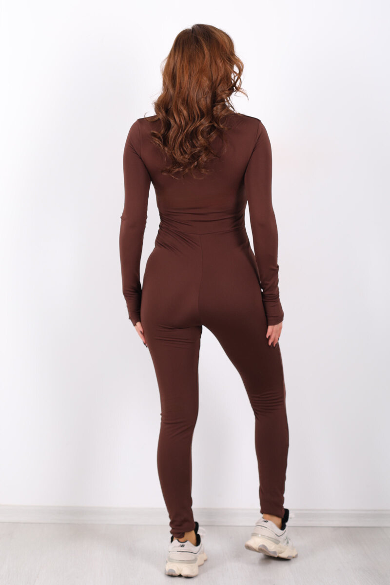 Kare Yaka Parmak Geçirmeli Kahverengi Kadın Şardonlu Dalgıç Tulum - 6