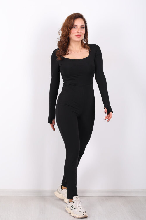 Kare Yaka Parmak Geçirmeli Siyah Kadın Şardonlu Dalgıç Tulum - 4