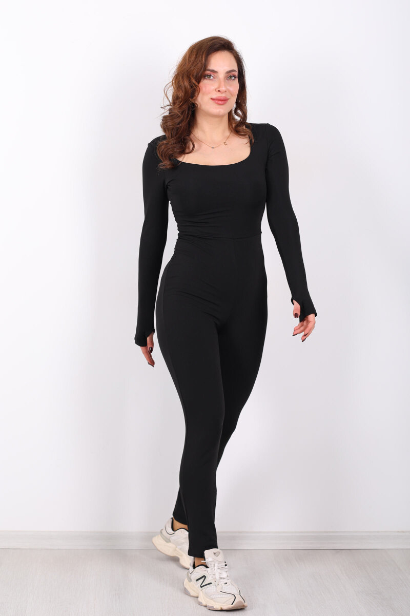 Kare Yaka Parmak Geçirmeli Siyah Kadın Şardonlu Dalgıç Tulum - 4