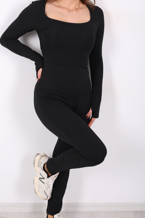 Kare Yaka Parmak Geçirmeli Siyah Kadın Şardonlu Dalgıç Tulum - Berox (1)