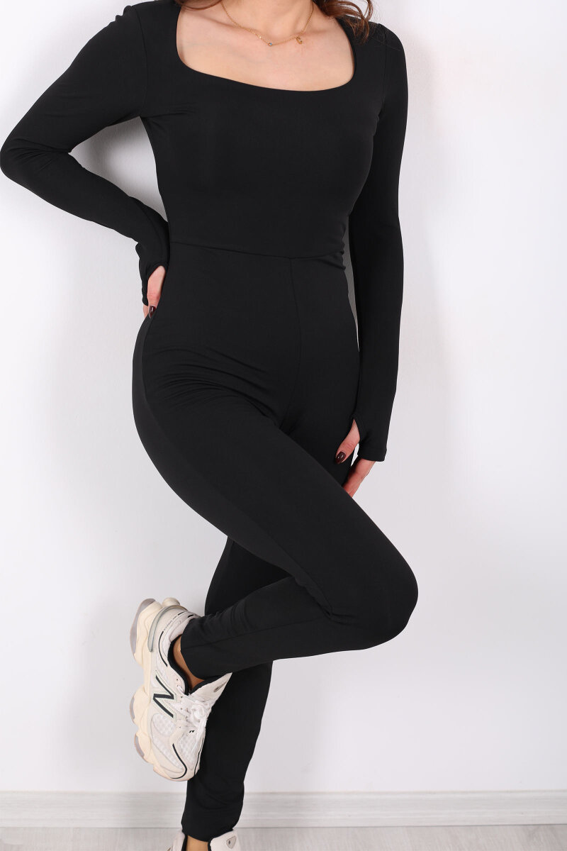 Kare Yaka Parmak Geçirmeli Siyah Kadın Şardonlu Dalgıç Tulum - 2