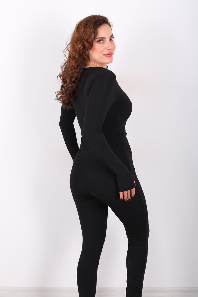 Kare Yaka Parmak Geçirmeli Siyah Kadın Şardonlu Dalgıç Tulum - 5