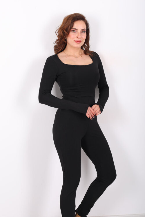 Kare Yaka Parmak Geçirmeli Siyah Kadın Şardonlu Dalgıç Tulum - 3