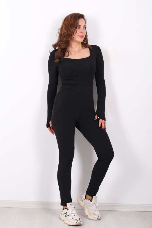 Kare Yaka Parmak Geçirmeli Siyah Kadın Şardonlu Dalgıç Tulum - 7