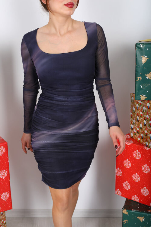 Kare Yaka Yanları Drapeli Antrasit Kadın Tül Elbise - Berox (1)