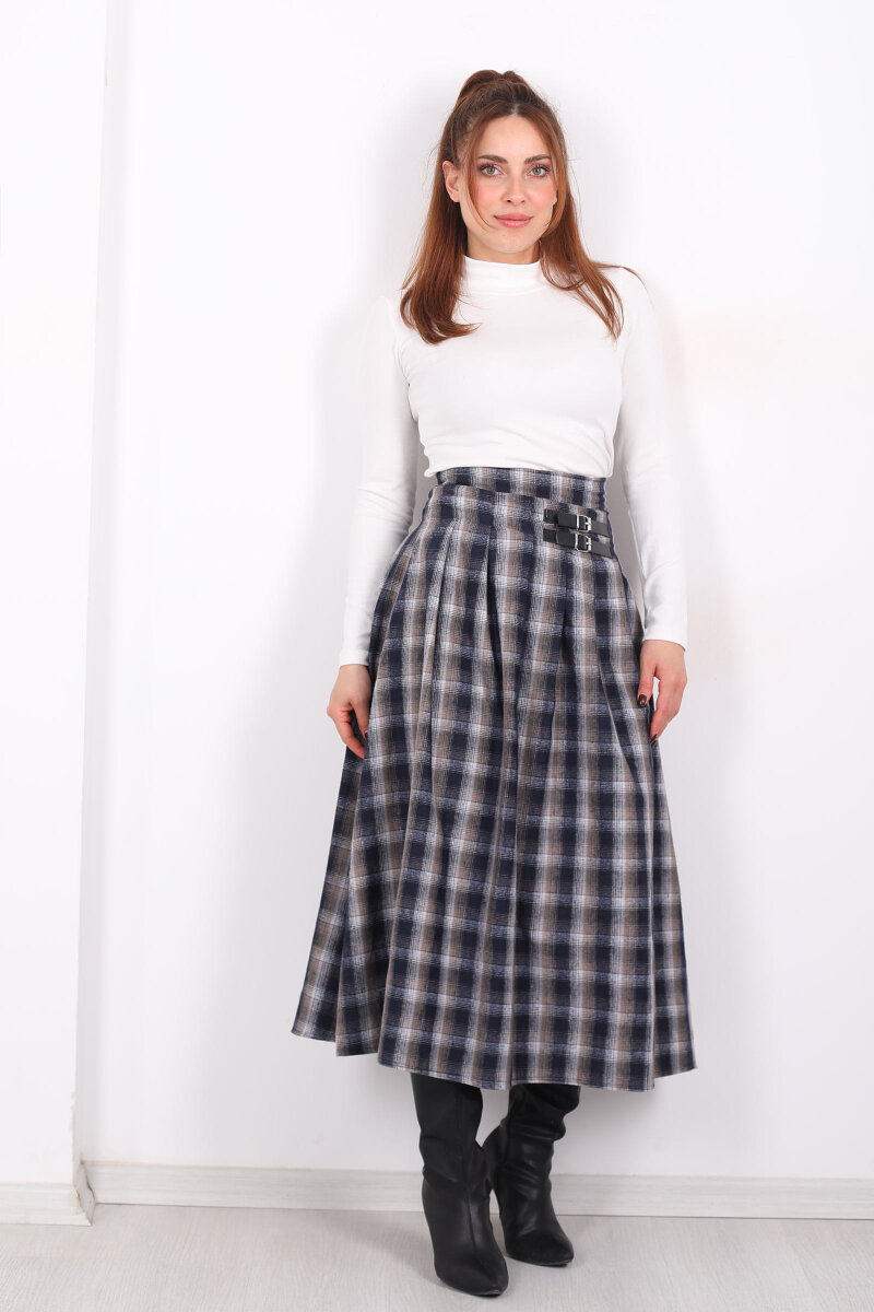 Kareli Kemerli Antrasit Kadın Ekose Etek - 4