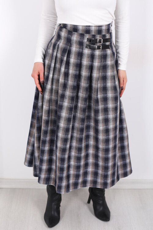 Kareli Kemerli Antrasit Kadın Ekose Etek - Berox (1)