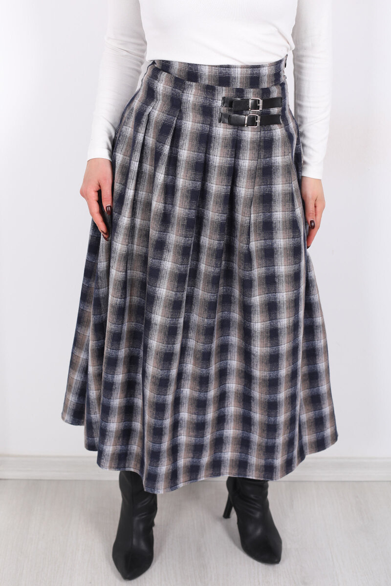 Kareli Kemerli Antrasit Kadın Ekose Etek - 2