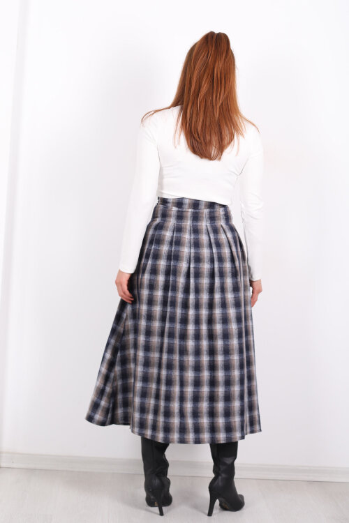 Kareli Kemerli Antrasit Kadın Ekose Etek - 5