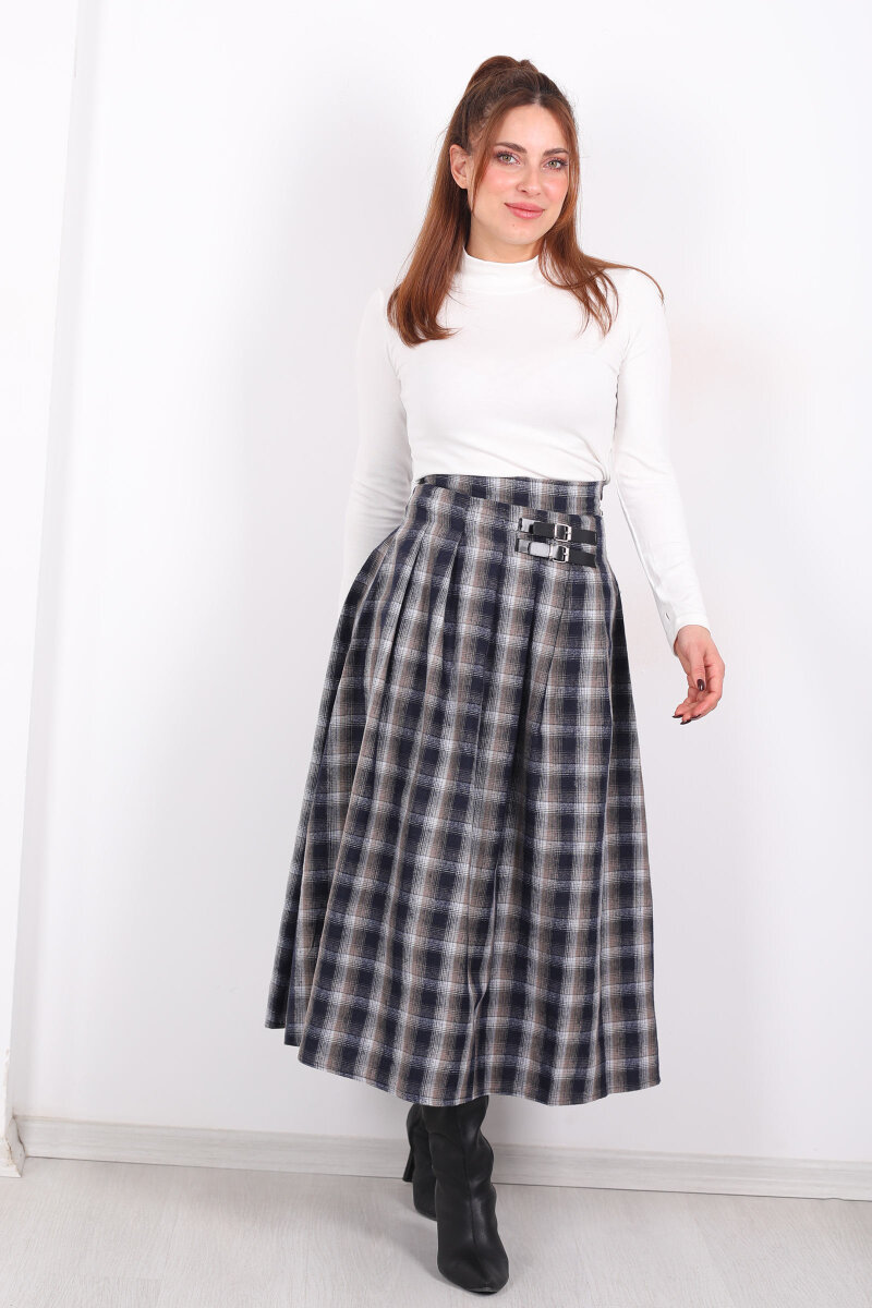 Kareli Kemerli Antrasit Kadın Ekose Etek - 6