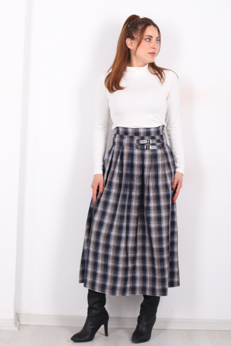 Kareli Kemerli Antrasit Kadın Ekose Etek - 3