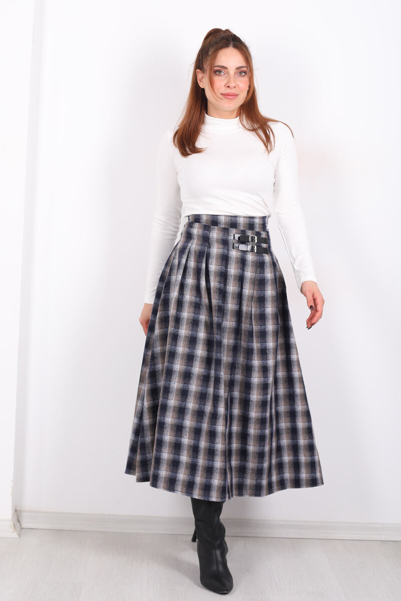 Kareli Kemerli Antrasit Kadın Ekose Etek - 1