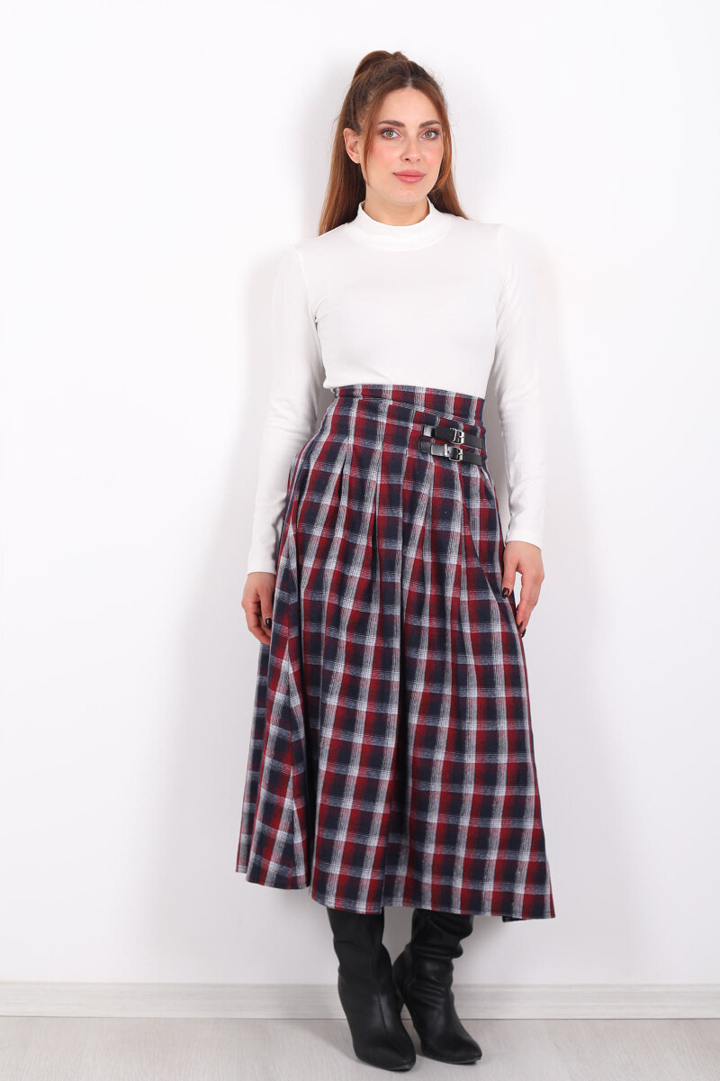 Kareli Kemerli Bordo Kadın Ekose Etek - 3