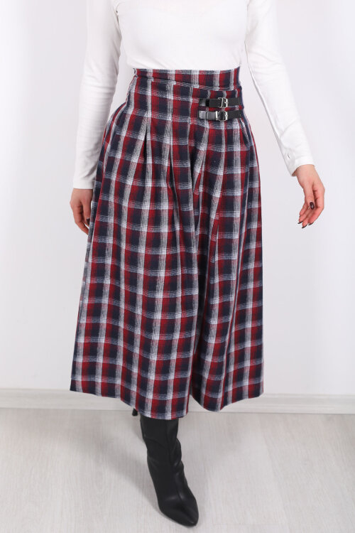 Kareli Kemerli Bordo Kadın Ekose Etek - Berox (1)