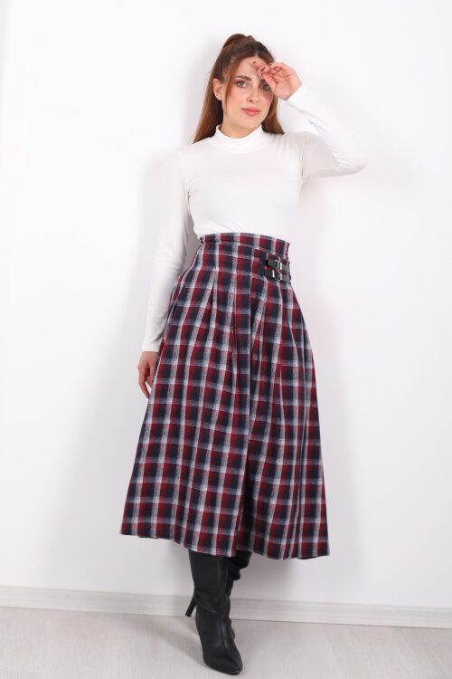Kareli Kemerli Bordo Kadın Ekose Etek - Berox