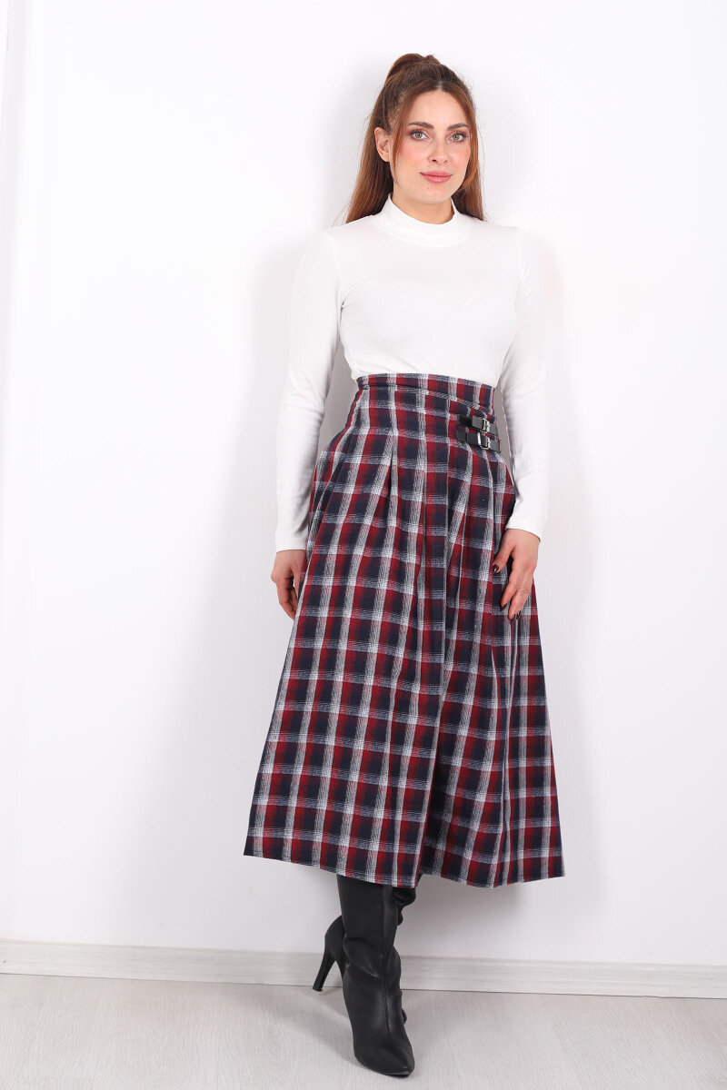 Kareli Kemerli Bordo Kadın Ekose Etek - 6