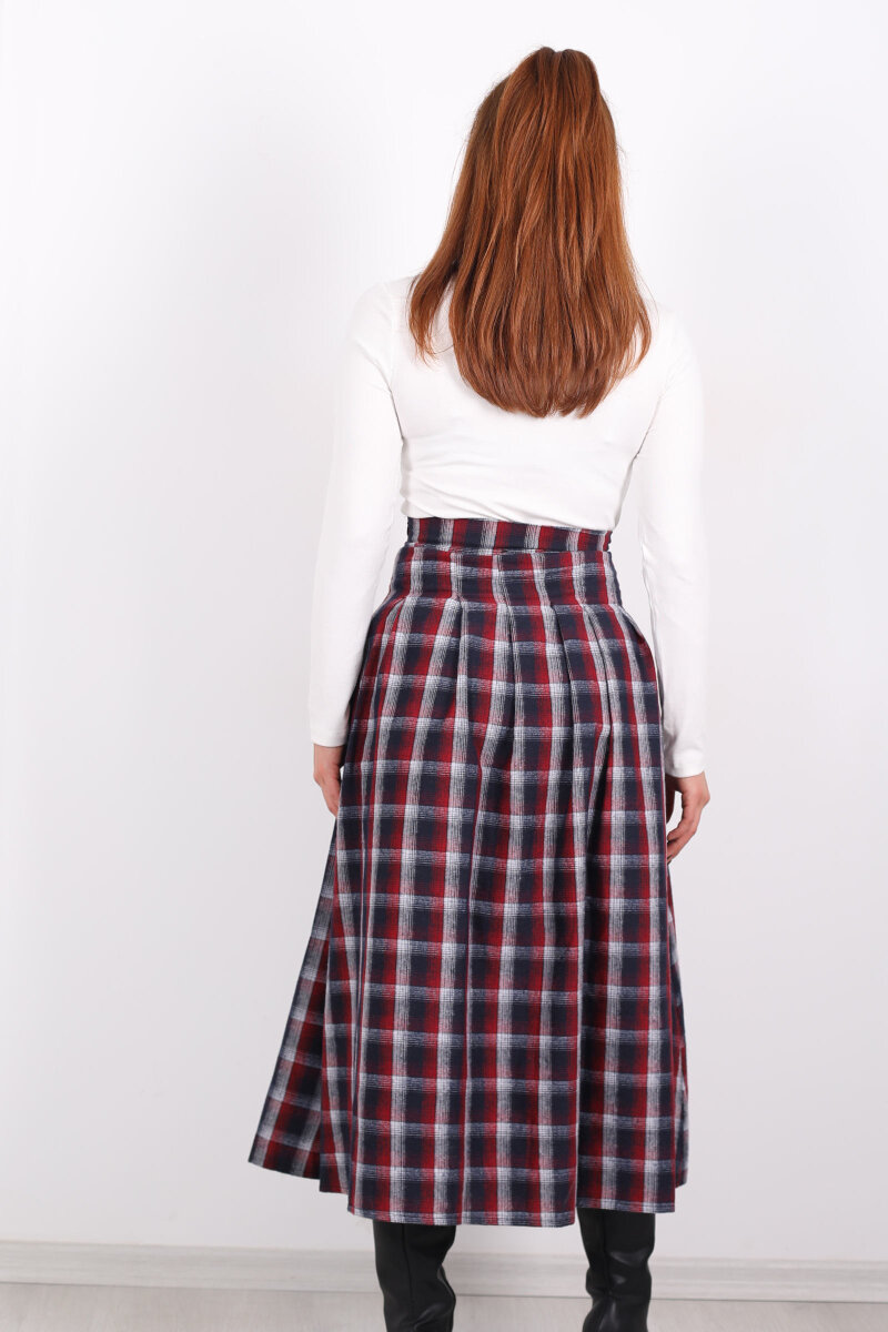 Kareli Kemerli Bordo Kadın Ekose Etek - 5
