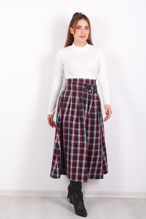 Kareli Kemerli Bordo Kadın Ekose Etek - 4