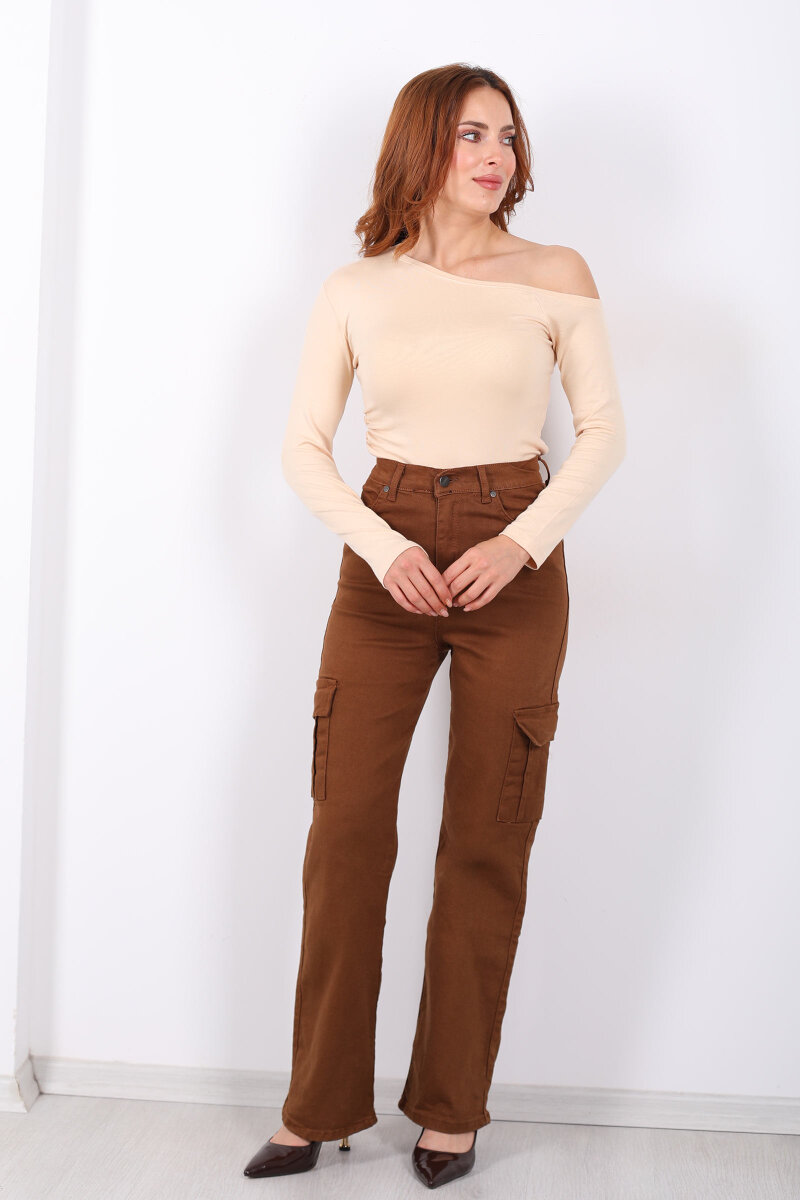 Kargo Cepli Kahverengi Kadın Palazzo Pantolon - 3