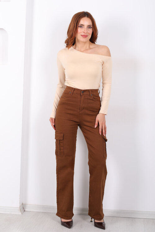 Kargo Cepli Kahverengi Kadın Palazzo Pantolon - 4