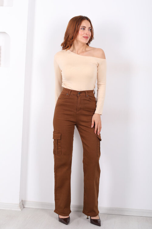 Kargo Cepli Kahverengi Kadın Palazzo Pantolon - 6