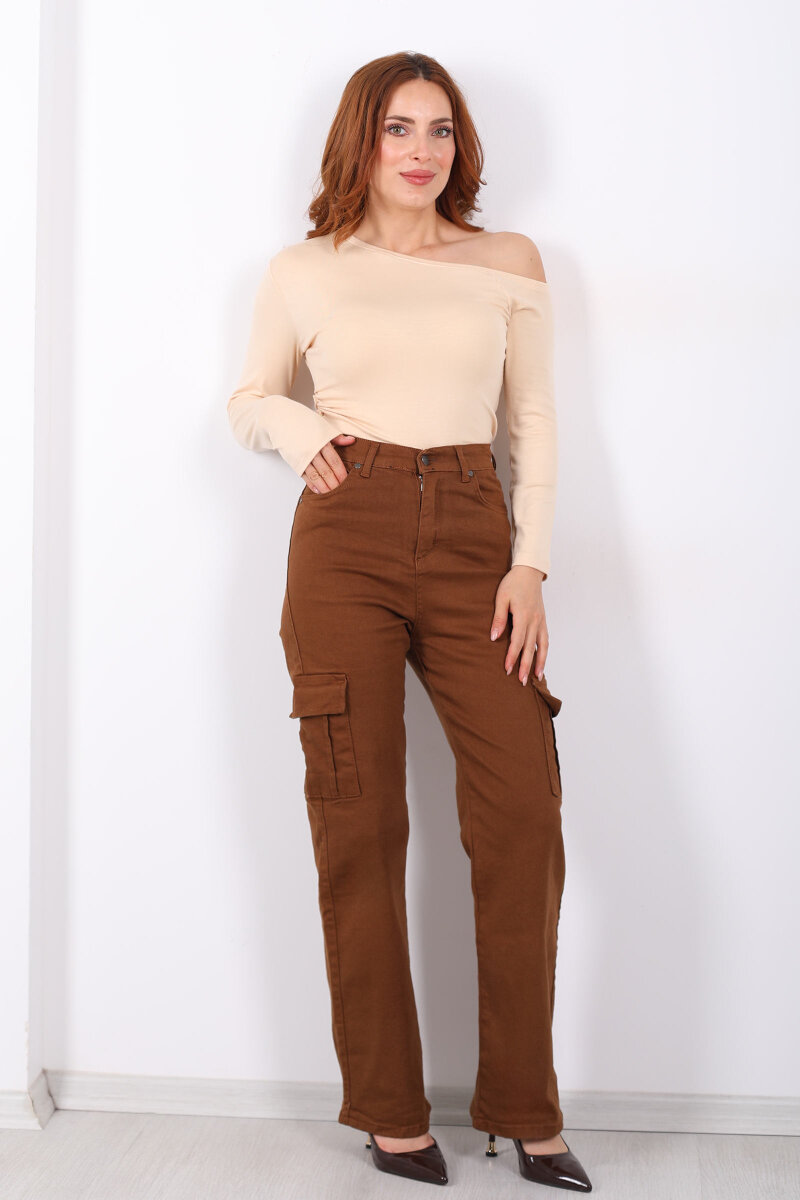 Kargo Cepli Kahverengi Kadın Palazzo Pantolon - 1