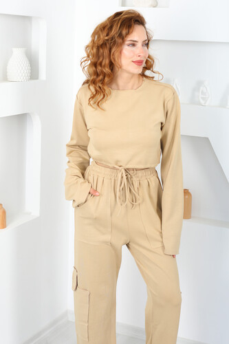 Kargo Cepli Paça Büzgülü Bej Kadın Takım - 9