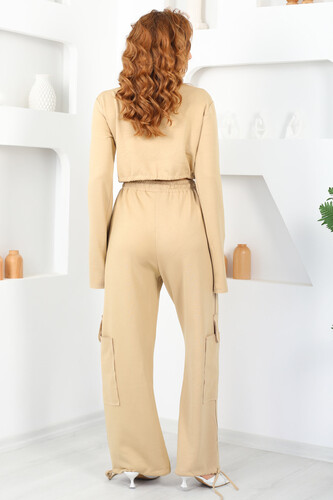 Kargo Cepli Paça Büzgülü Bej Kadın Takım - 10