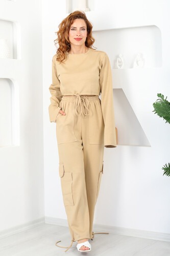 Kargo Cepli Paça Büzgülü Bej Kadın Takım - 6