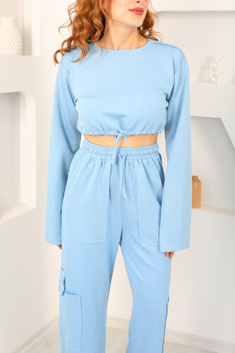 Kargo Cepli Paça Büzgülü Mavi Kadın Takım - 7