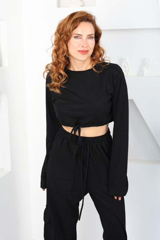 Kargo Cepli Paça Büzgülü Siyah Kadın Takım - 6