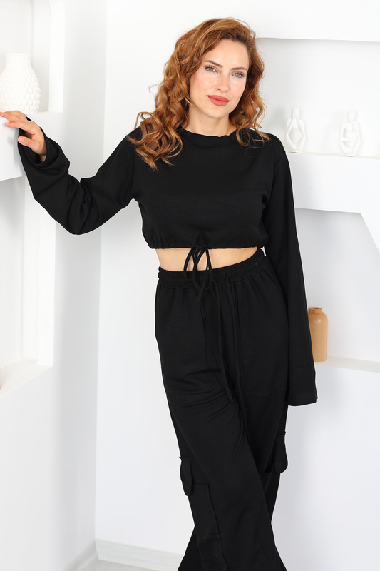 Kargo Cepli Paça Büzgülü Siyah Kadın Takım - 4