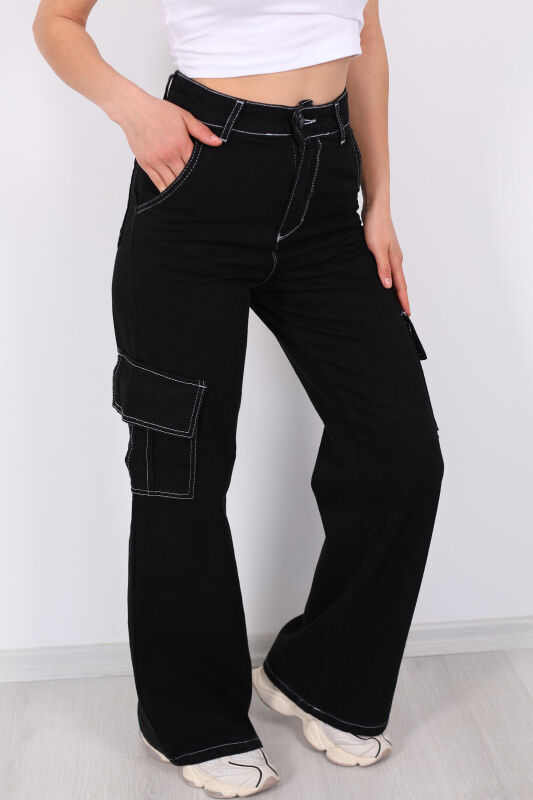 Kargo Cepli Ters Dikişli Unisex Bol Paça Siyah Kadın Pantolon - 2