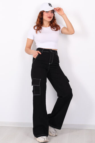 Kargo Cepli Ters Dikişli Unisex Bol Paça Siyah Kadın Pantolon - 4