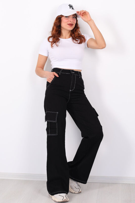 Kargo Cepli Ters Dikişli Unisex Bol Paça Siyah Kadın Pantolon - 4