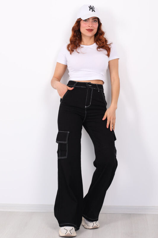 Kargo Cepli Ters Dikişli Unisex Bol Paça Siyah Kadın Pantolon - 3
