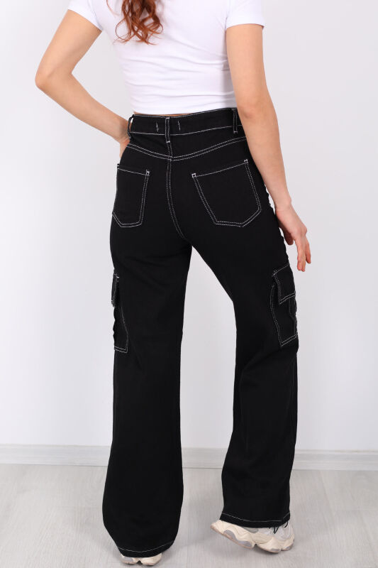 Kargo Cepli Ters Dikişli Unisex Bol Paça Siyah Kadın Pantolon - 5