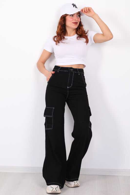 Kargo Cepli Ters Dikişli Unisex Bol Paça Siyah Kadın Pantolon - 1