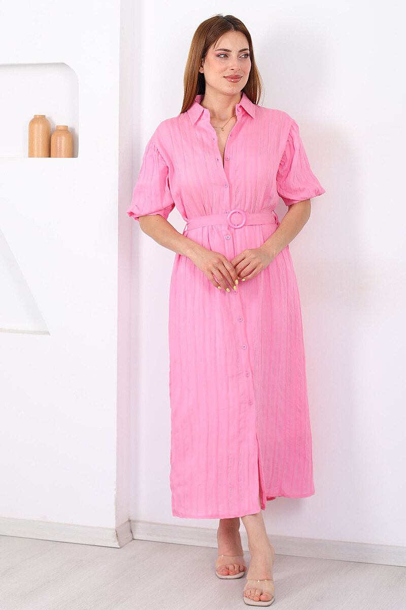 Karpuz Kol Düğmeli ve Kemerli Maxi Pembe Kadın Elbise - 3