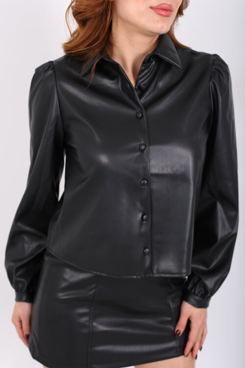 Karpuz Kol Yakalı Siyah Kadın Suni Deri Gömlek - Berox (1)