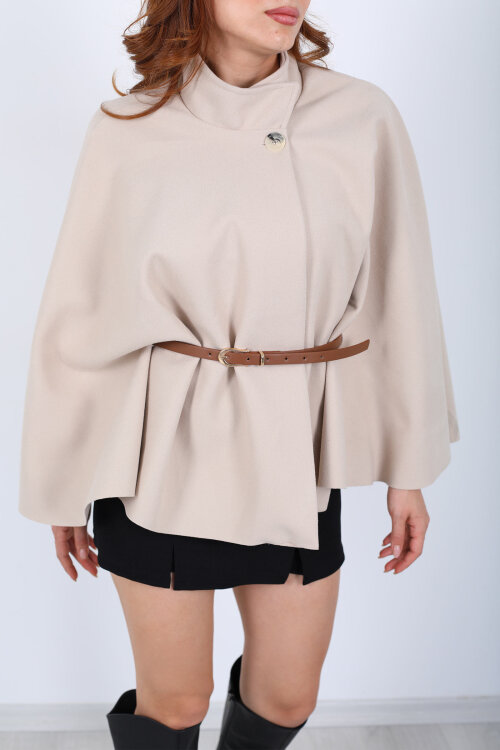 Kaşe Kemerli Kadın Bej Panço - Berox (1)