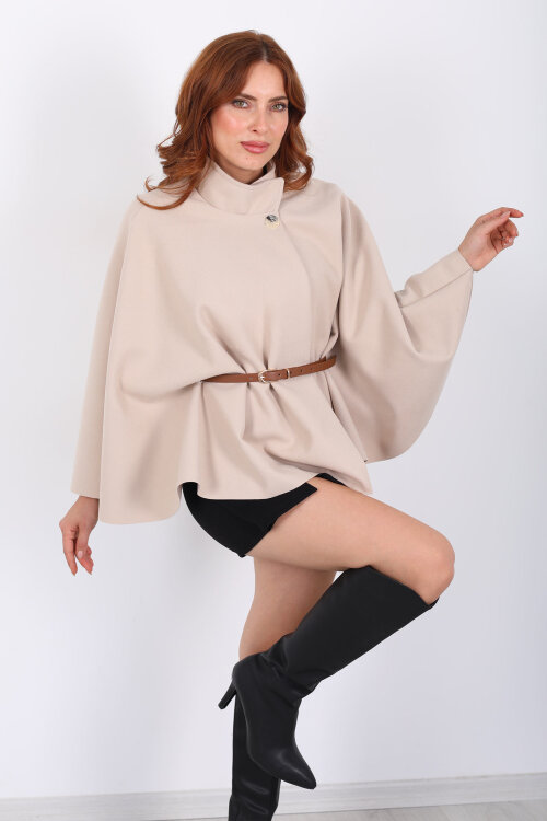 Kaşe Kemerli Kadın Bej Panço - Berox