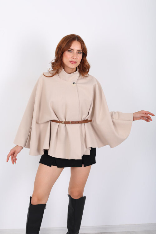 Kaşe Kemerli Kadın Bej Panço - 4